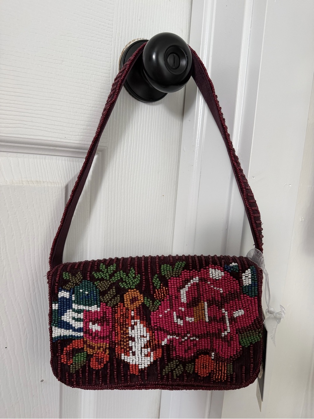 Beaded Floral Shoulder Bag in Wine Red